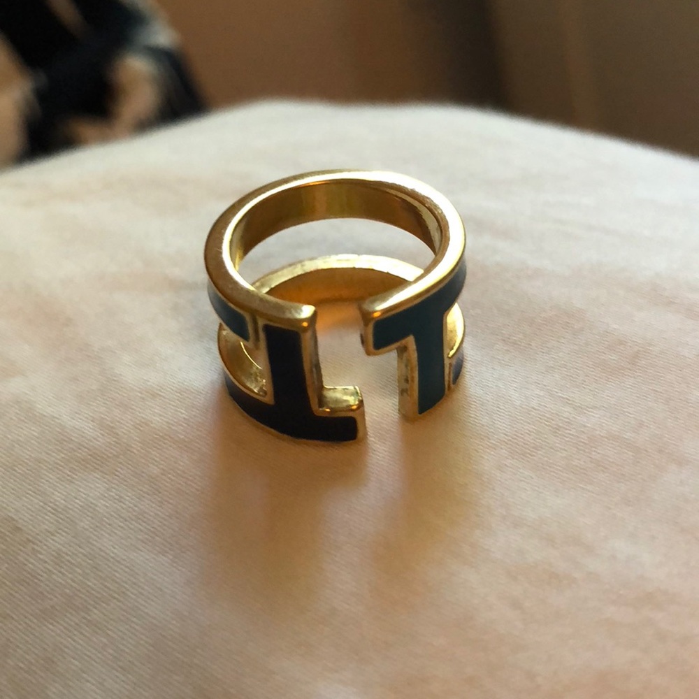 Tory Burch gold navy and blue t ring